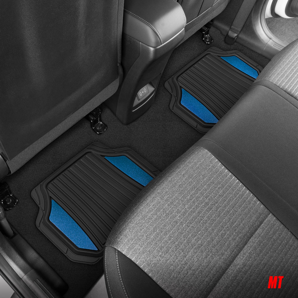 Motor Trend ChromeTech Car Floor Mats Full Set - Durable Rubber Floor Mats for Cars with Two Tone Accent, All Weather Interior Protection for Front and Rear with Non-Slip Backing, Black/Blue
