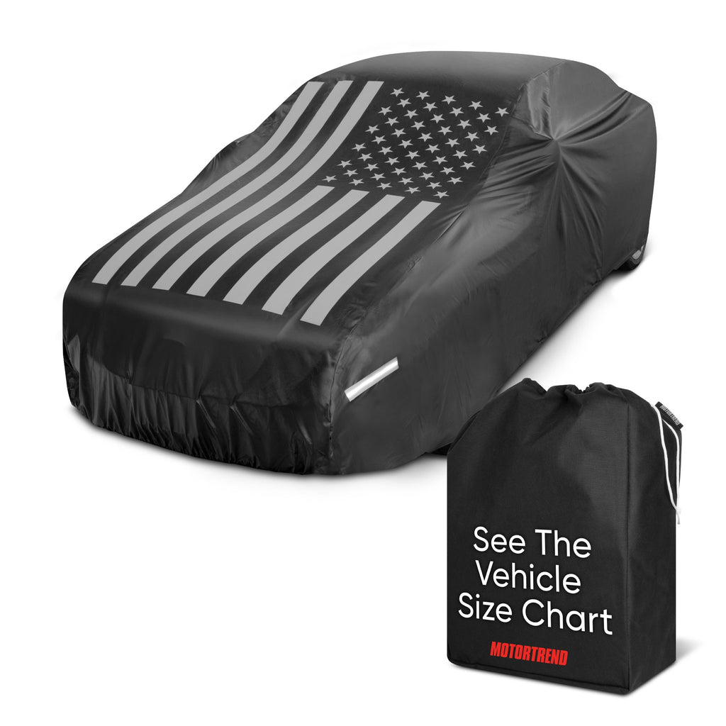 Motor Trend Black USA Flag Waterproof Car Cover - All Weather Outdoor Protection, UV Resistant, Windproof, Scratchproof - Semi-Universal Fit Sedan Full Car Cover for Sun Rain Snow (171"- 190" Length)