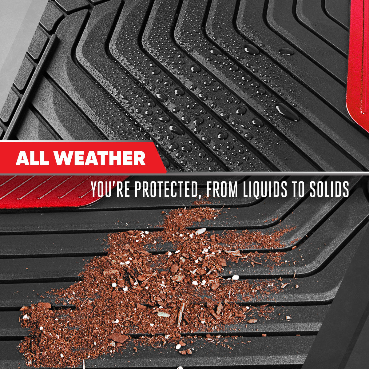 Motor Trend MetallicGuard Car Floor Mats Full Set - Durable Rubber Floor Mats with Red Metallic Heel Pad, All-Weather Interior Protection for Front and Rear with Non-Slip Backing