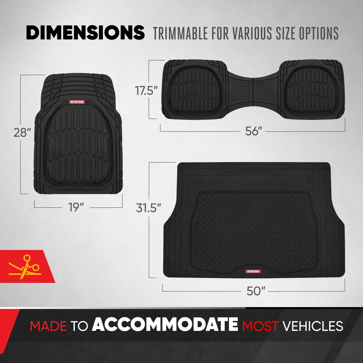 MotorTrend 4-Piece FlexTough Deep Dish Front Floor Mats, Rear Floor Mat, and Trunk/Cargo Mat - Heavy Duty, All Weather, Trim to Fit
