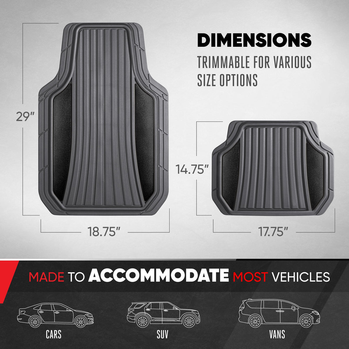 Motor Trend ChromeTech Car Floor Mats Full Set - Durable Rubber Floor Mats for Cars with Two Tone Accent, All Weather Interior Protection for Front and Rear with Non-Slip Backing, Gray/Black