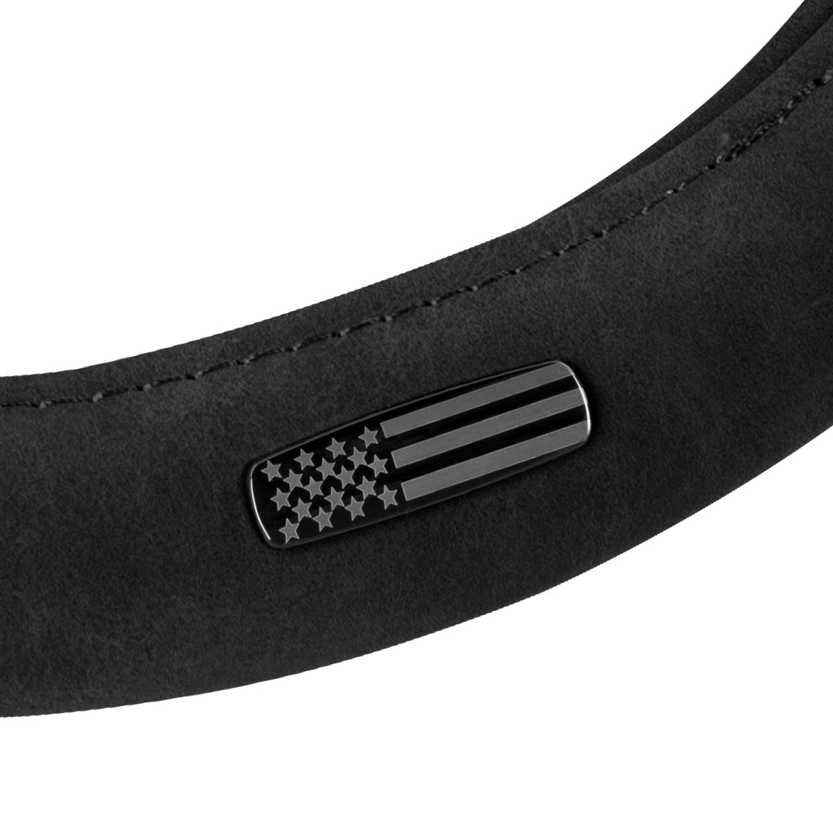 Cat® Honor Line Flux Leather Steering Wheel Cover w Metal Flag Emblem, Black Leatherette, Standard 14.5–15.5 Inch, Non Slip Comfort, Car Steering Wheel Cover for Auto Truck SUV, Car Accessories