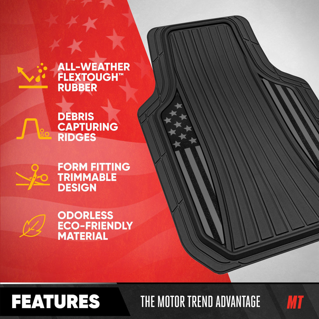 Motor Trend Flag Floor Mats Full Set - Durable Black Rubber Car Floor Mats for Trucks Cars SUV with Two Tone Accent, All Weather Interior Protection for Front and Rear with Non-Slip Backing, Black Gloss - Flag Black/Gray