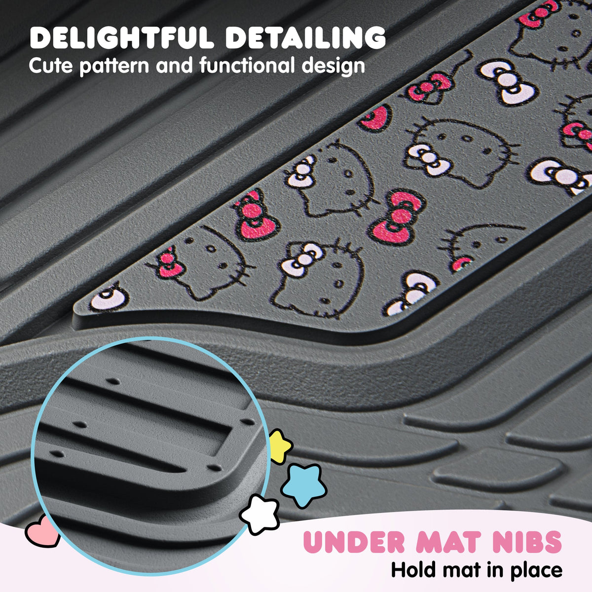 Hello Kitty Car Mats 4pc Floor Mats for Cars Trucks SUVs Kawaii Car Floor Mats for Women Men Accessories Rubber Heavy Duty Cute Non-Slip Always Front Rear Hello Kitty Car Accessories Classic Gray with Pink Bows