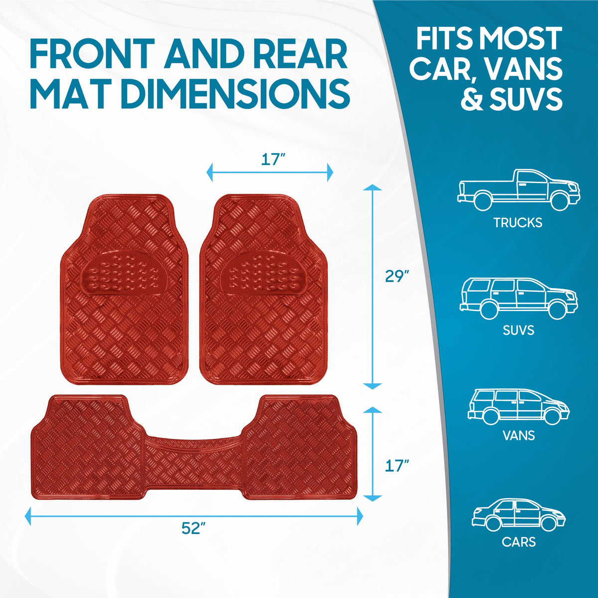 BDK 3-Piece Translucent Metallic-Look Front Floor Mat and Rear Floor Mat - Heavy Duty, All Weather