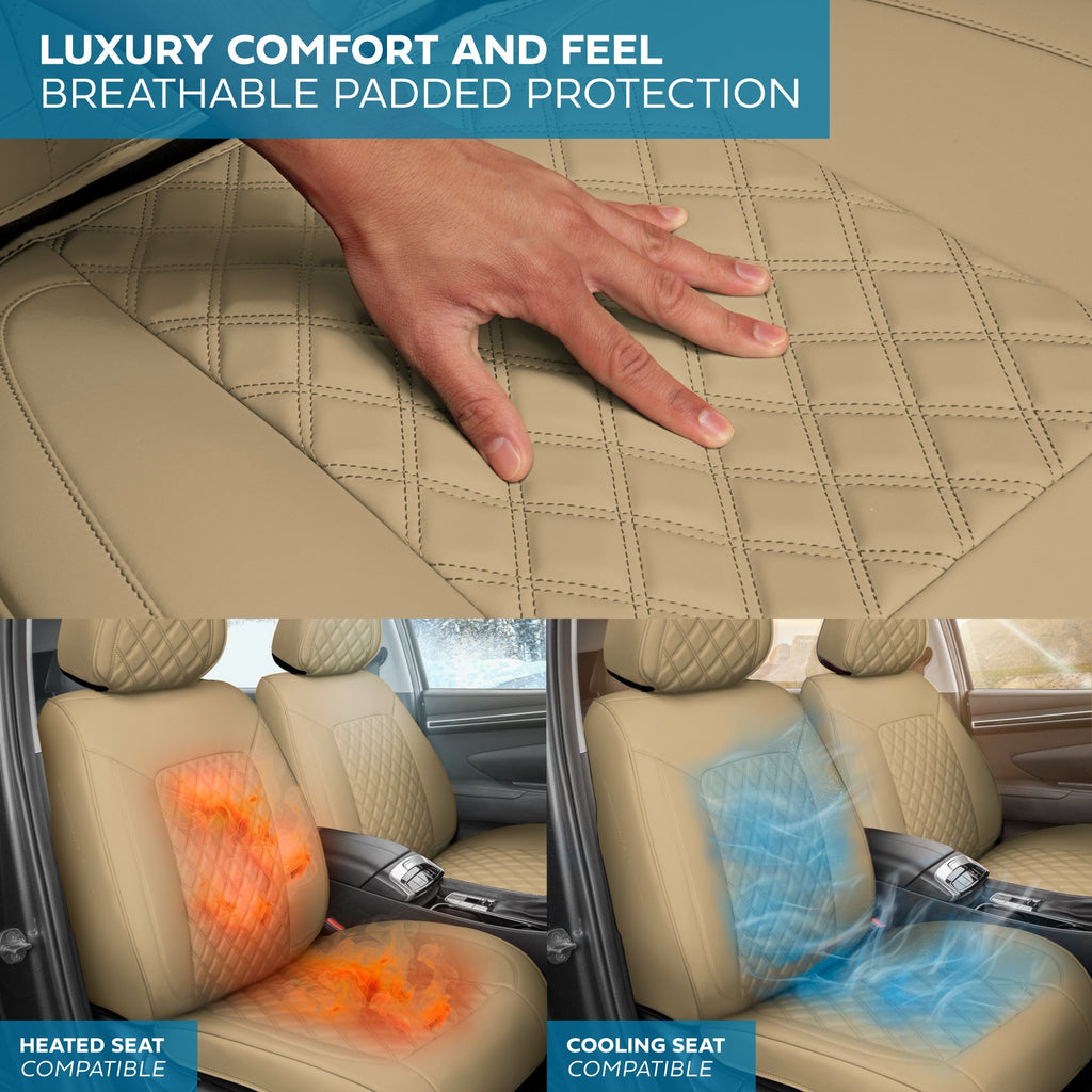 MotorBox Prestige Edition Faux Leather Seat Covers for Cars, Trucks, & SUV – 2 Beige Car Seat Covers for Front Seats - Universal Fit Car Accessories Automotive Interior Protector for Most Vehicles