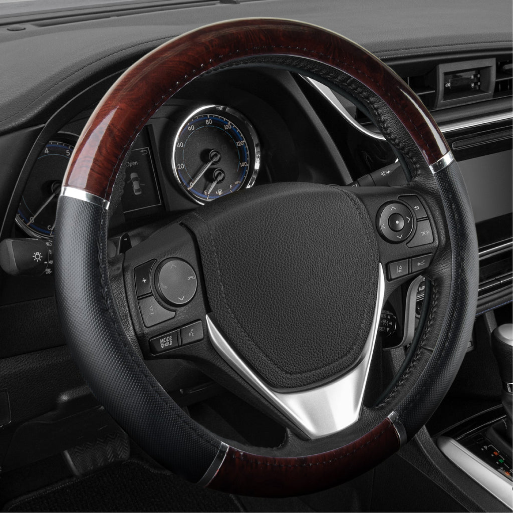 BDK Two-Tone Woodgrain Pattern Steering Wheel Cover (Fits 14.5" - 15.5") - Black