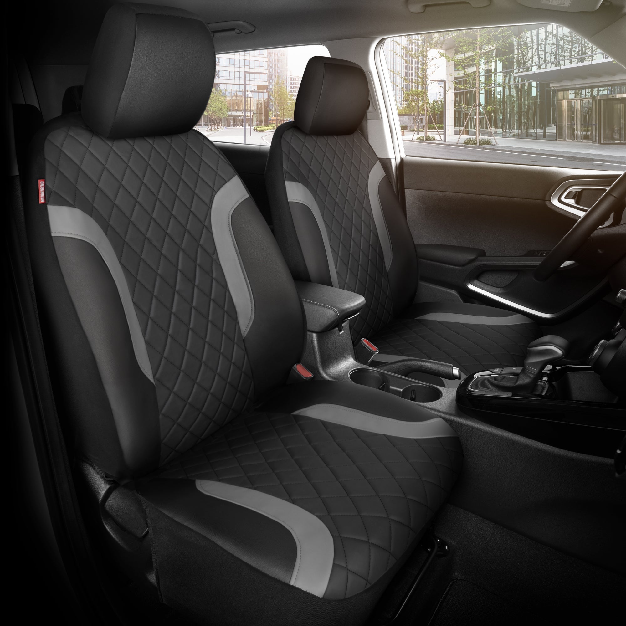 Motor Trend Faux Leather Seat Covers For Trucks, Cars, & SUV - Front Black & Gray Car Seat Cover Set - Universal Fit For Most Automotives - Forros Para Asientos De Carro - CarSeat Covers Accessories