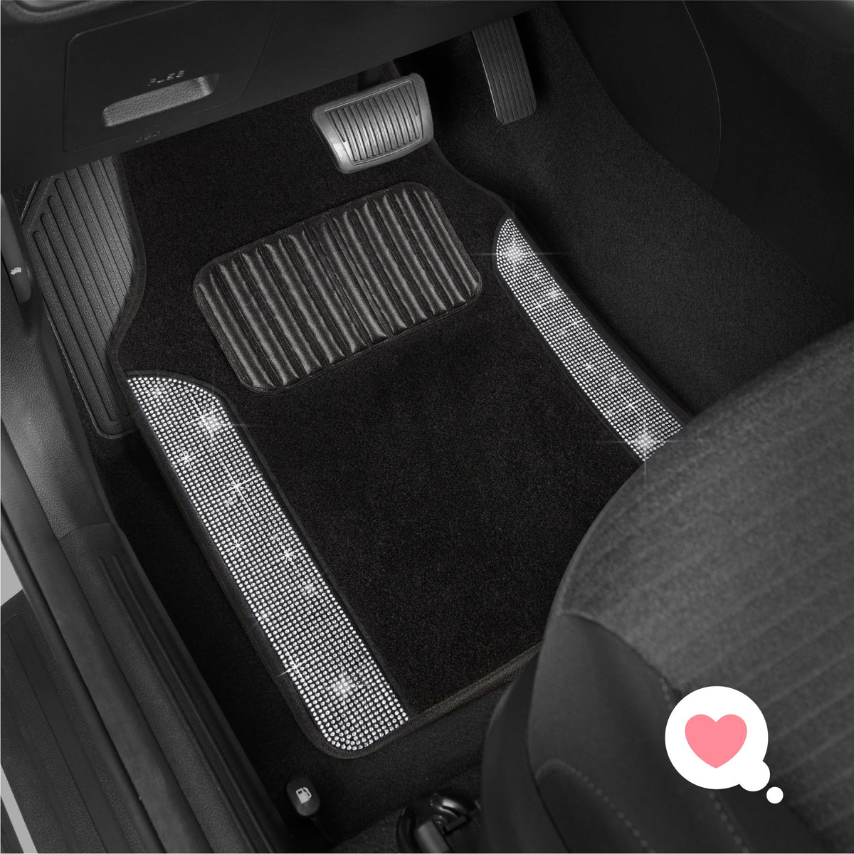 Carbella 4-Piece Diamond Bling Front Floor Mats and Rear Floor Mats - White