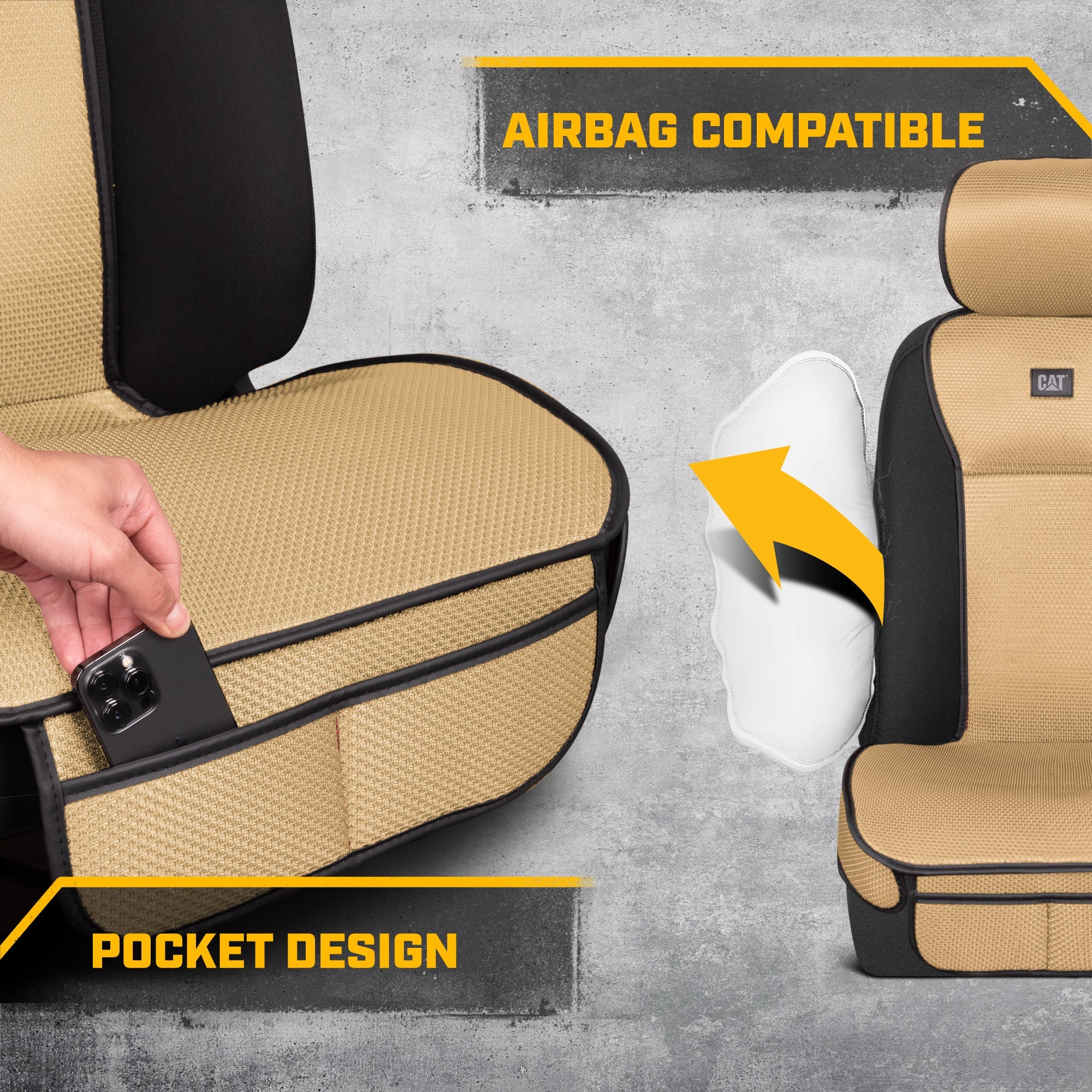 Caterpillar AeroMesh Beige Seat Covers for Trucks, Car, & SUV - (2) Front Truck Seat Cover Protector - Breathable Mesh Universal Fit Car Seat Covers - Automotive Seat Covers Top of Seat Protection