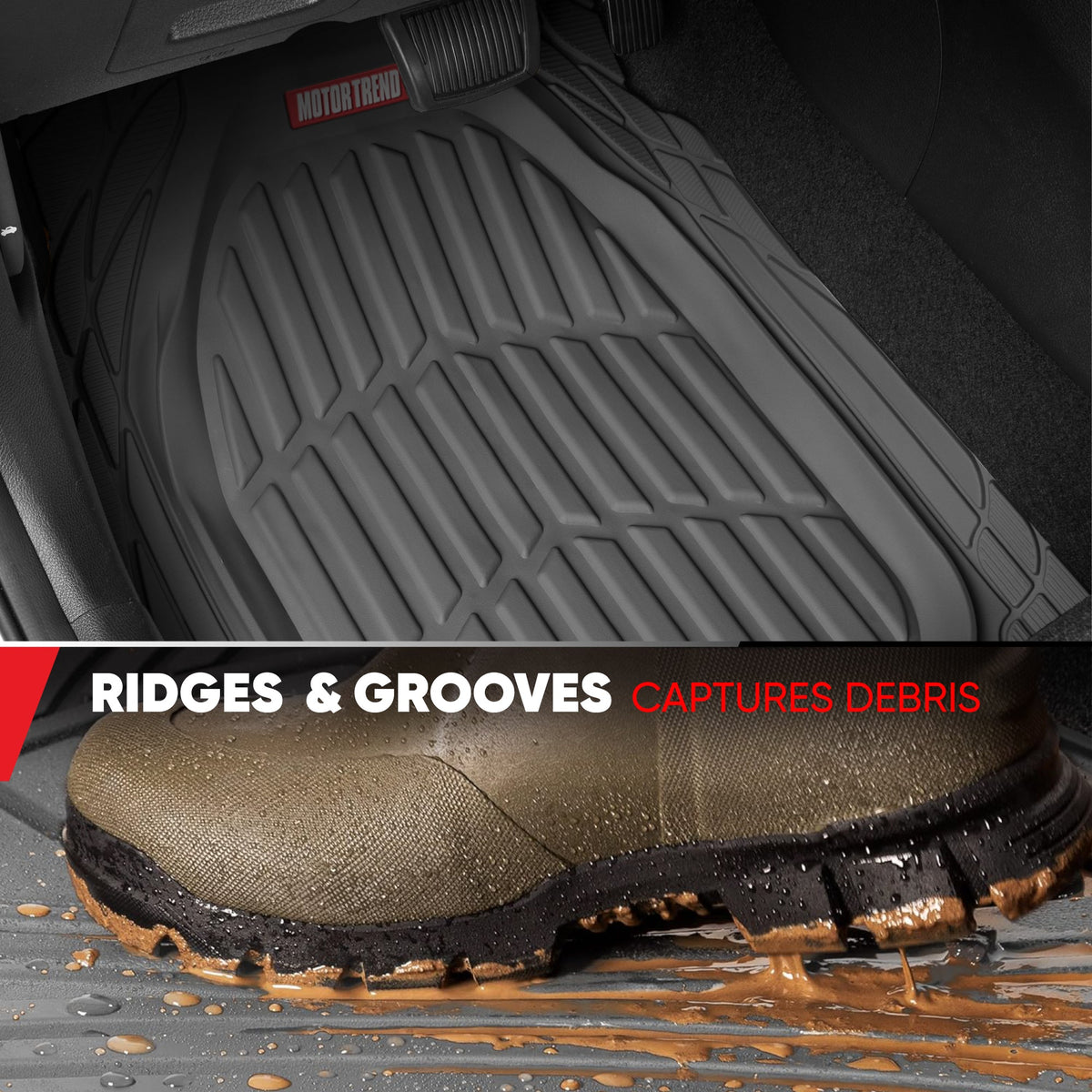 MotorTrend 4-Piece FlexTough Deep Dish Front Floor Mats, Rear Floor Mat, and Trunk/Cargo Mat - Heavy Duty, All Weather, Trim to Fit