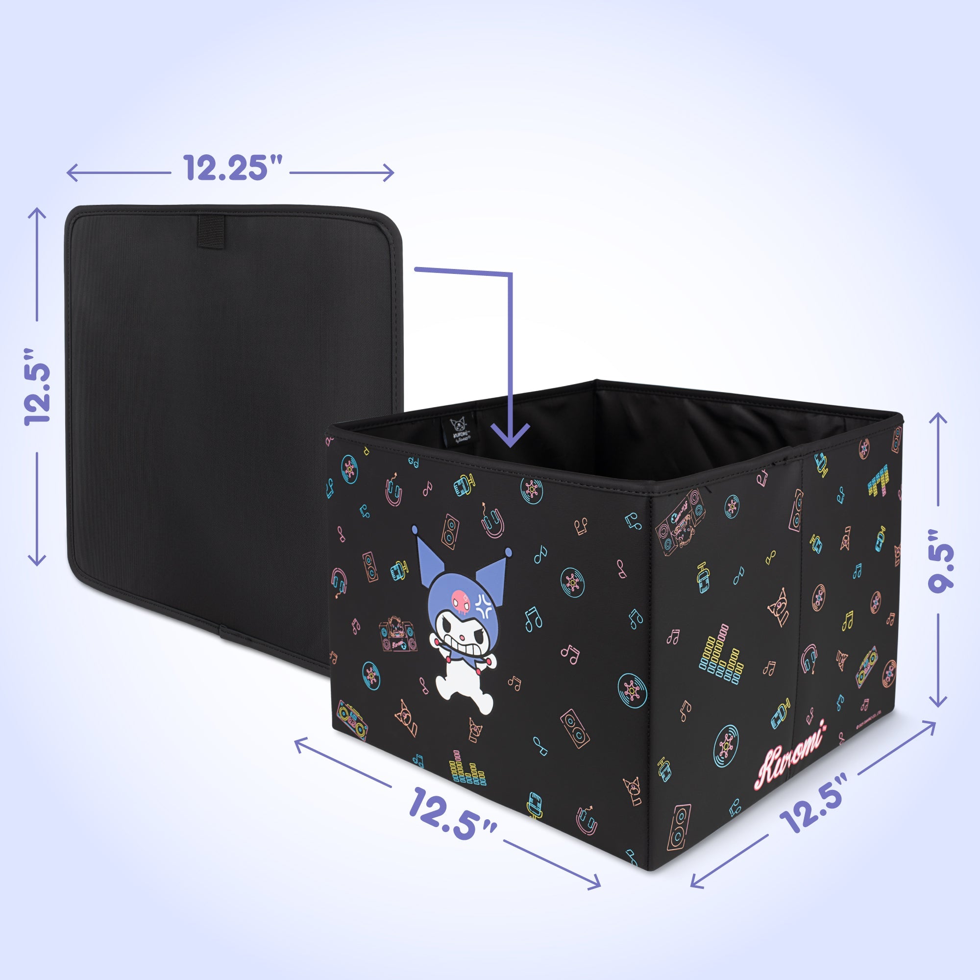 Sanrio Kuromi Car Trunk Organizer and Storage Bin - Collapsible Compartment, Heavy Duty, Fold Up for Easy Storage, Automotive Seat Cargo for Groceries Tools - 12.5L x 12.5W x 9H