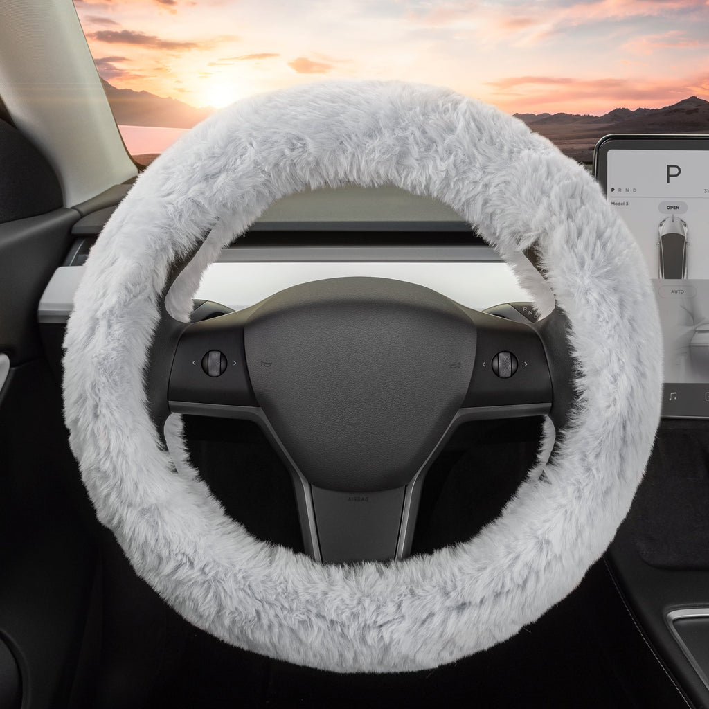 Carbella Soft Pink Fuzzy Steering Wheel Cover, Standard 15 Inch Size Fits Most Vehicles, Cute Faux Fur Car Steering Cover with Soft Fluffy Furry Touch, Car Accessories for Women