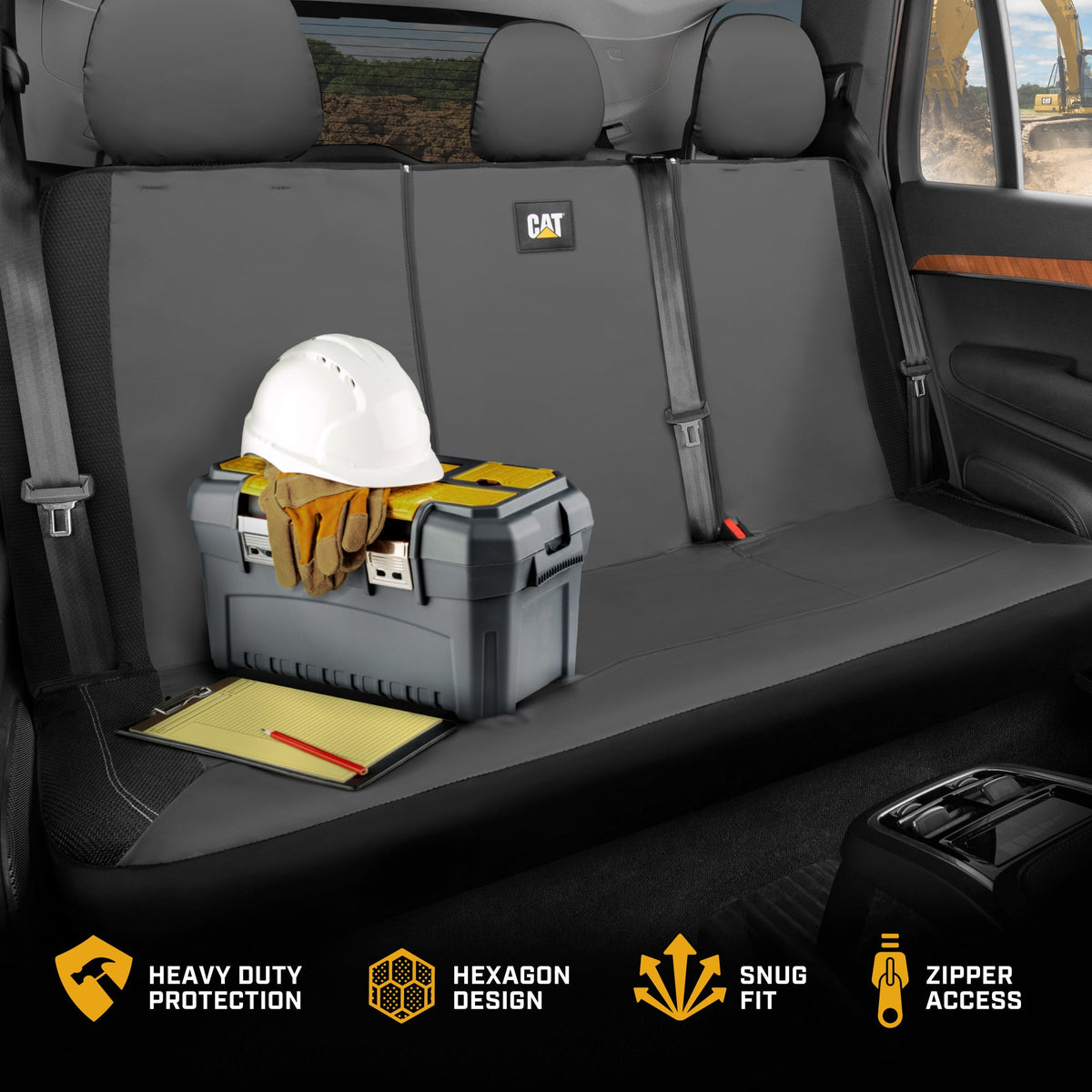 CAT PU Leather Rear Bench Seat Cover – Gray, 60/40 Split Fit for Cars, Trucks, SUVs – Waterproof, Scratch-Resistant, Semi-Universal Fit Rear Seat Protector for Most Auto Interior – Easy Install