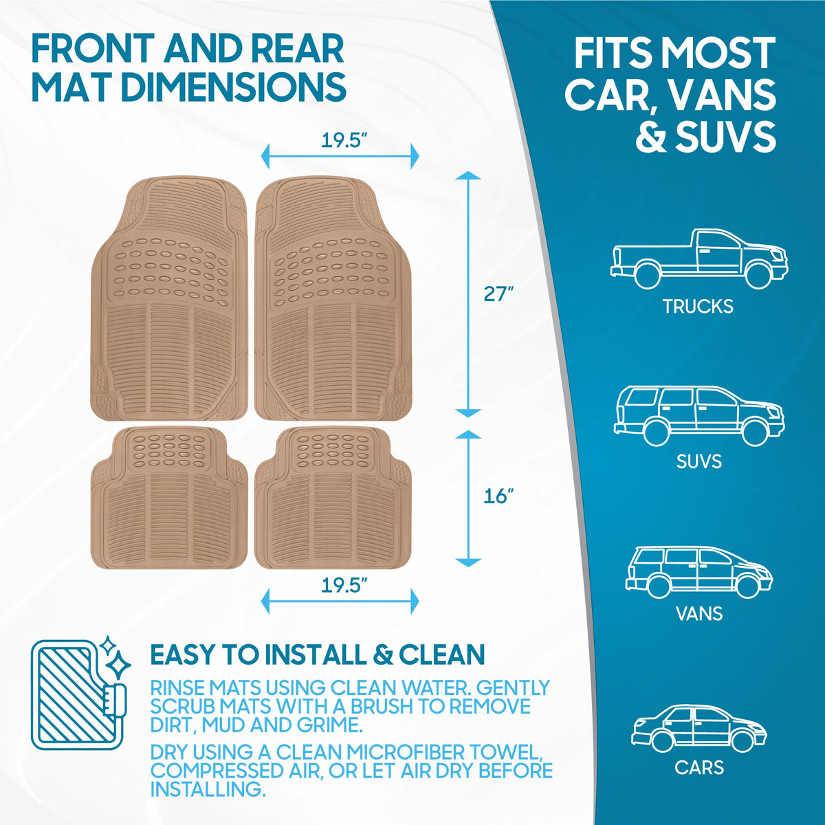 BDK 4-Piece Cushioned Grip Pad Front Floor Mats and Rear Floor Mats - Heavy Duty, All Weather, Trim to Fit