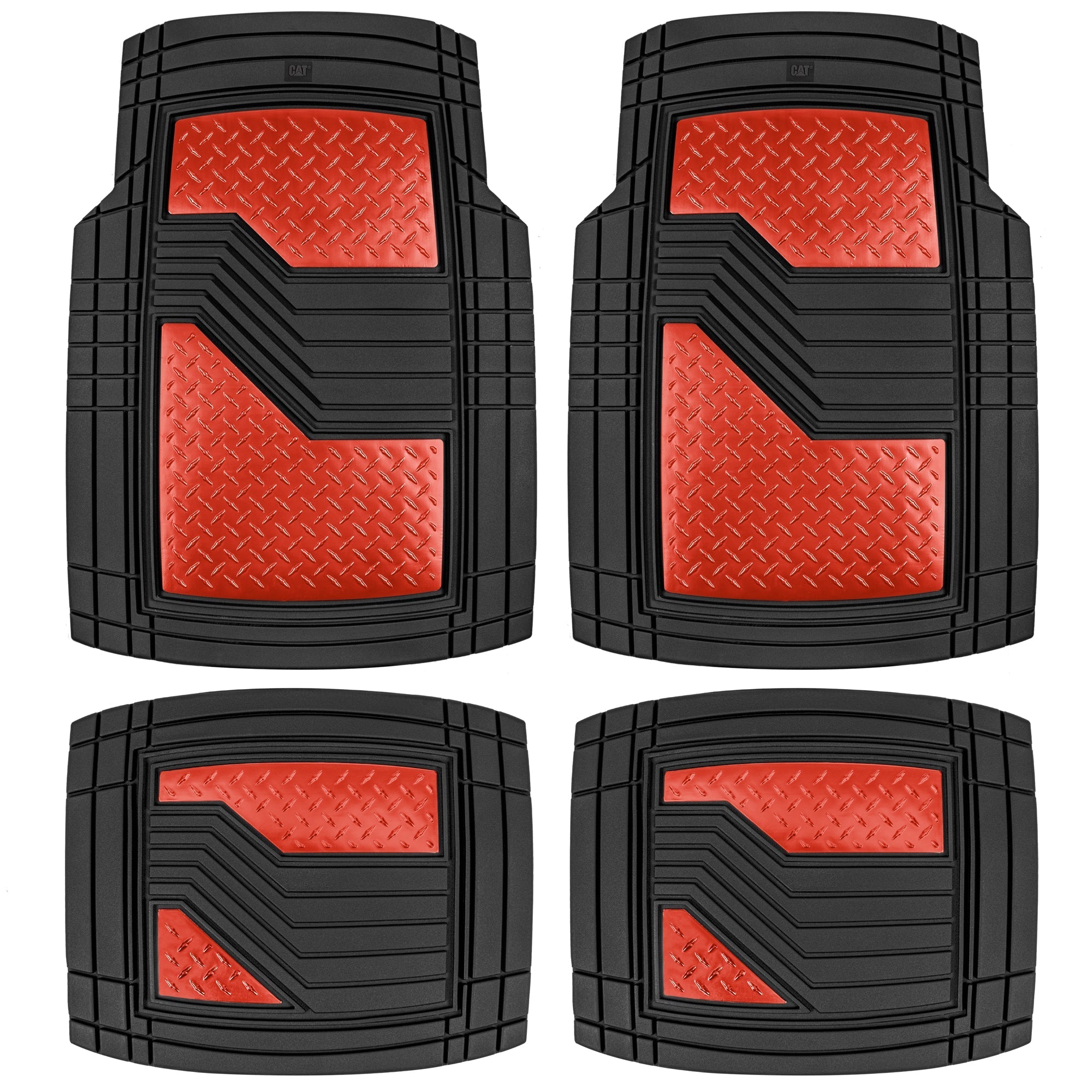 CAT 4-Piece Two-Tone Metallic-Look Front Floor Mats and Rear Floor Mats - Heavy Duty, All Weather, Trim to Fit