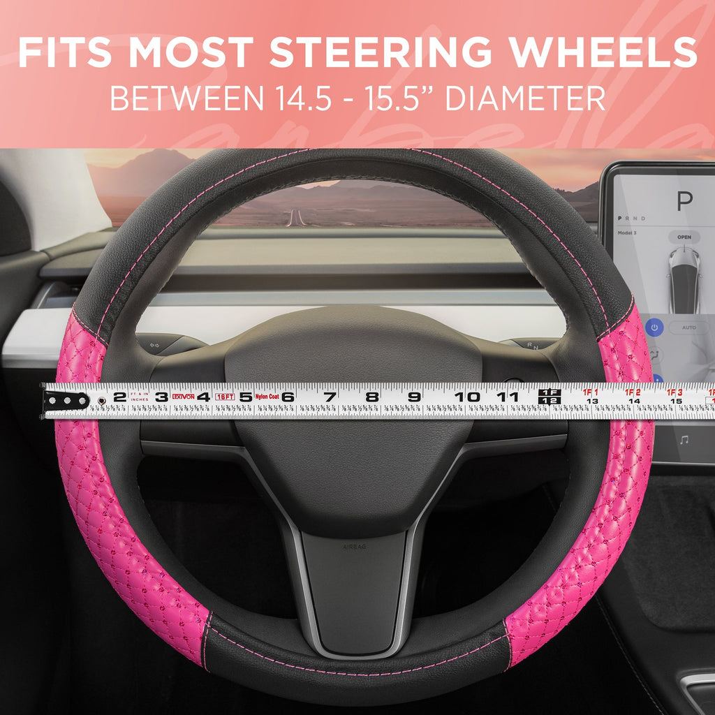 Carbella Pink Sequin Stitched with Crystals Steering Wheel Cover (Fits 14.5" - 15.5")