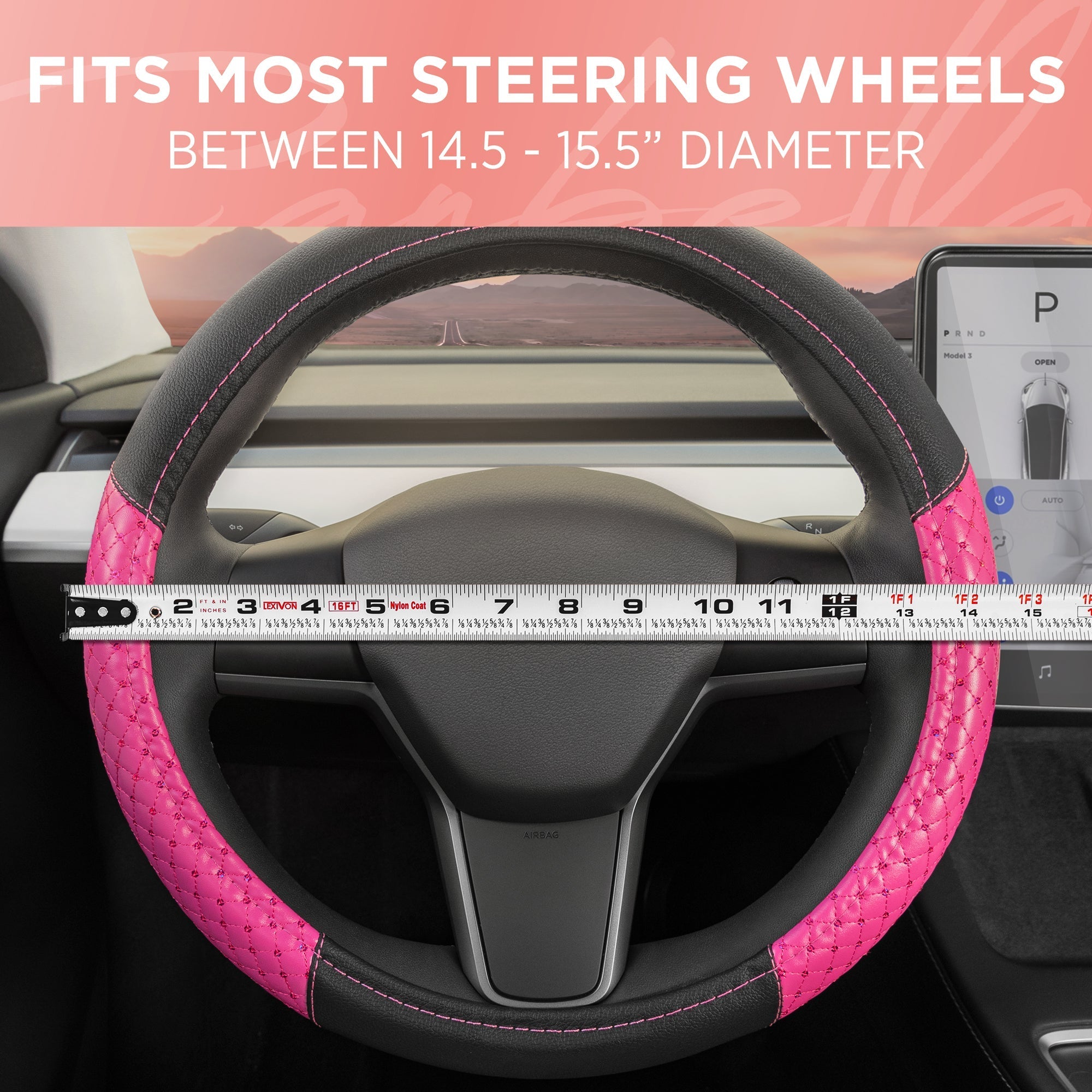 Carbella Pink Sequin Stitched with Crystals Steering Wheel Cover (Fits 14.5" - 15.5")