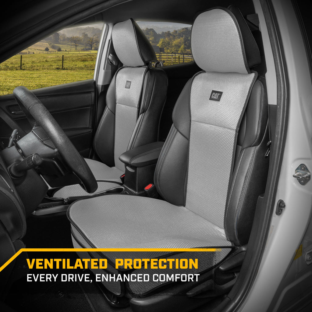 Caterpillar AeroMesh Gray Seat Covers for Trucks, Car, & SUV - (2) Front Truck Seat Cover Protector - Breathable Mesh Universal Fit Car Seat Covers - Automotive Seat Covers Top of Seat Protection