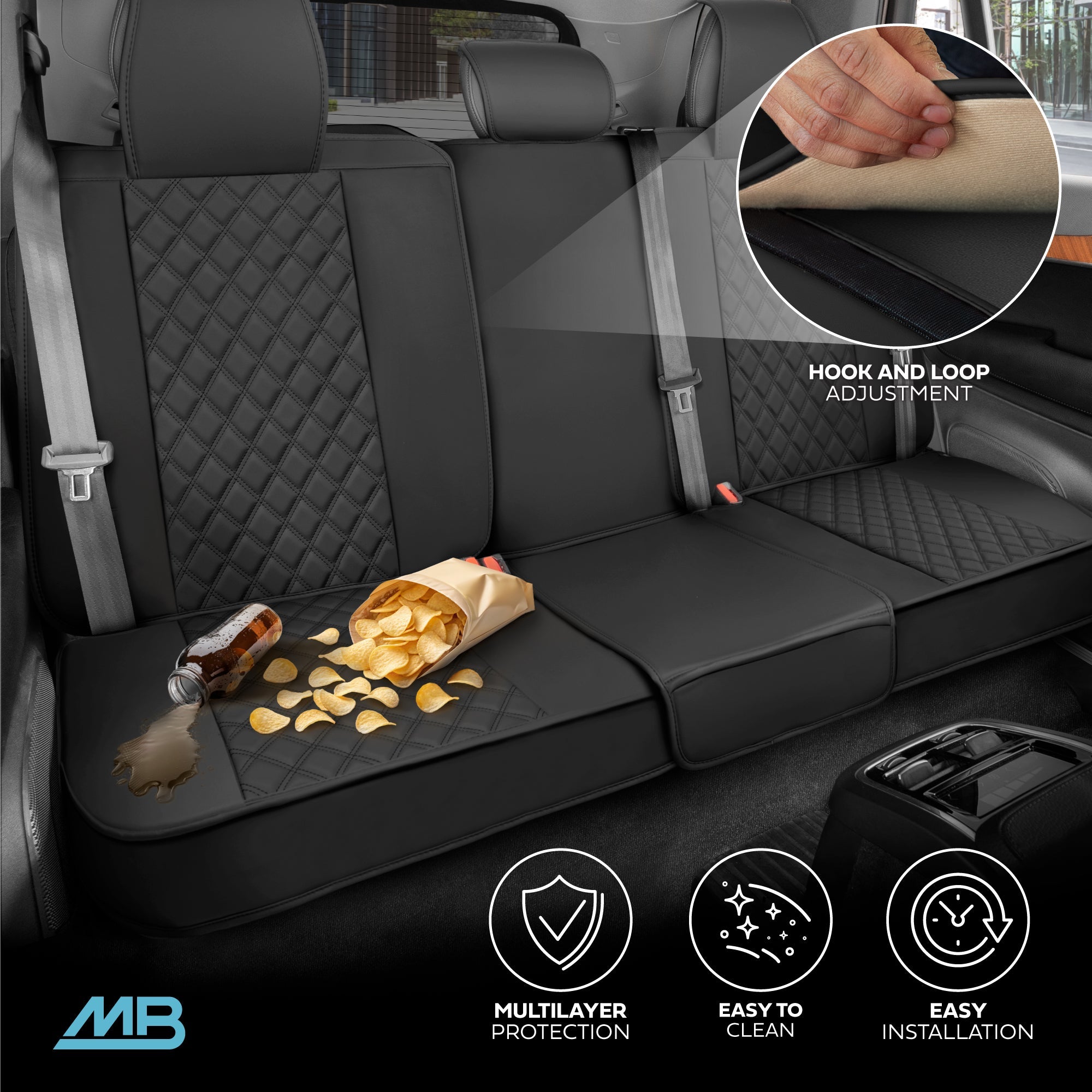 MotorBox Premium Napa Leather Rear Seat Cover - Semi Universal Fit for Most Cars, Truck & SUV - Black Back Seat Protector - Anti-Slip, Durable Bench Cover - Easy Install, Luxury Car Interior Upgrade
