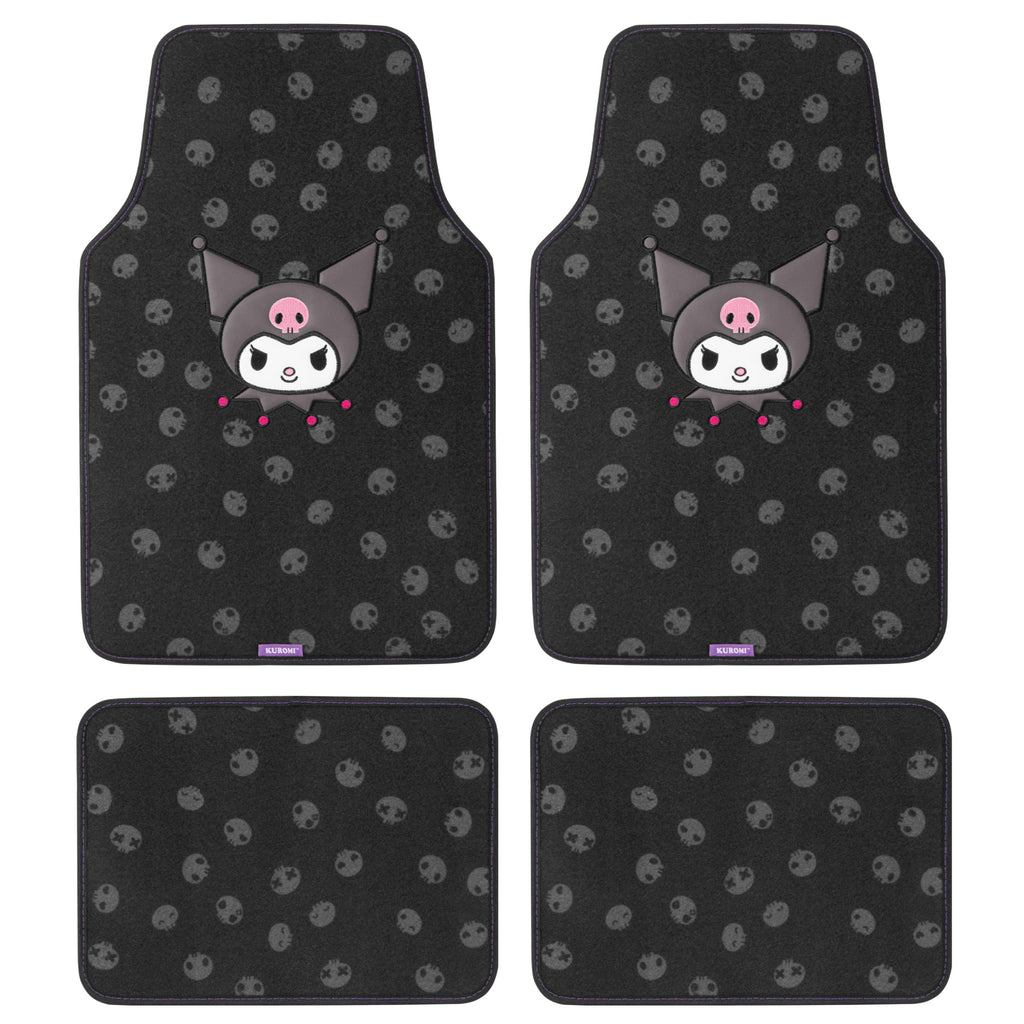 Kuromi Carpet Car Floor Mats - Universal Fit for Cars, SUVs & Trucks - Black with Kuromi Print & Purple, Pink Accents - Front & Rear Set, 4 Piece
