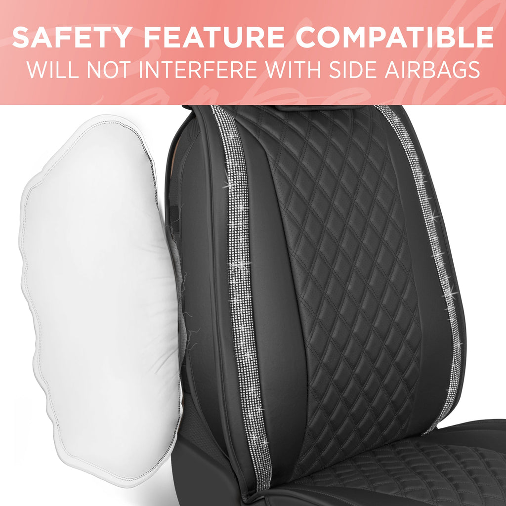 BlingStitch™ Car Seat Covers for Front Seats - Luxurious Vegan Leather Seat Covers for Cars with Black Bling Crystals, Premium Automotive Seat Covers for SUV, Trucks, Car Bling Luxury