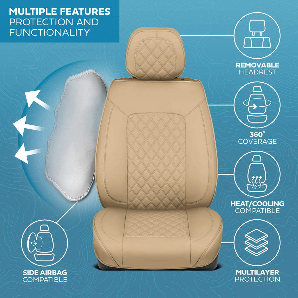 MotorBox Prestige Edition Faux Leather Seat Covers for Cars, Trucks, & SUV – 2 Beige Car Seat Covers for Front Seats - Universal Fit Car Accessories Automotive Interior Protector for Most Vehicles