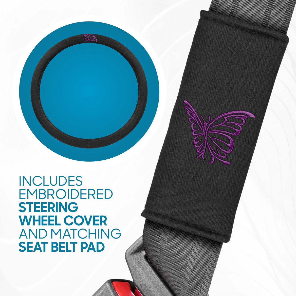 BDK 12-Piece Butterfly Front Seat Covers, Rear Seat Covers, Seat Belt Pads, and Steering Wheel Cover (Fits 14.5" - 15.5")