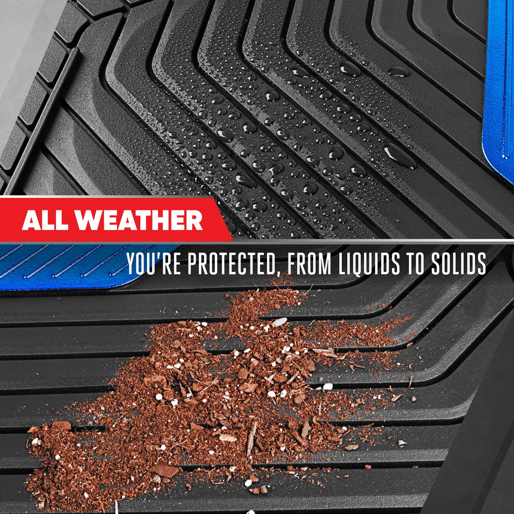 Motor Trend MetallicGuard Car Floor Mats Full Set - Durable Rubber Floor Mats with Blue Metallic Heel Pad, All-Weather Interior Protection for Front and Rear with Non-Slip Backing
