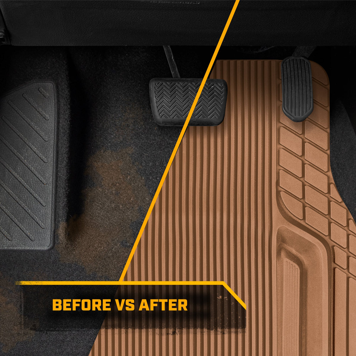 Cat® TerrainGuard™ Heavy-Duty 3-Piece All-Weather Rubber Floor Mats for Car, Truck, SUV, Van - Trim-to-Fit Deep Dish Automotive Floor Liners, Maximum Dirt & Water Protection, Universal Fit, Beige