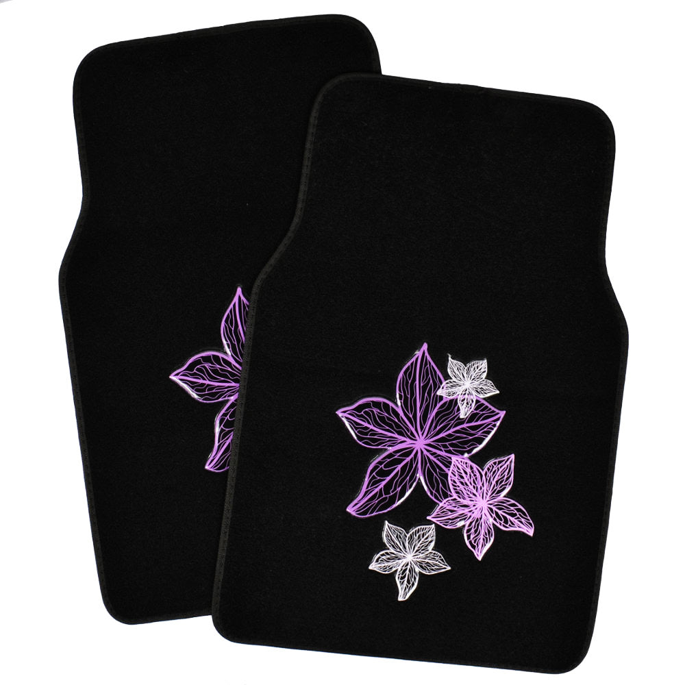 BDK 5-Piece Purple & White Flowers Front Floor Mats, Rear Floor Mats, and Steering Wheel Cover (Fits 14.5" - 15.5")