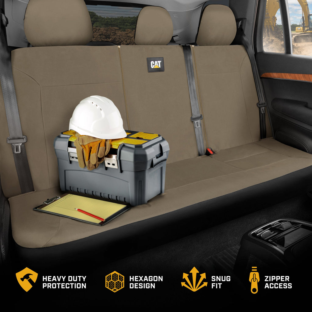 CAT Beige Rear Seat Cover for Trucks, Cars & SUVs – Heavy-Duty Oxford Canvas – 60/40 Split Bench Protector – Durable Back Seat Cover for Work Trucks, Pets, Travel – Car & Truck Interior Accessory