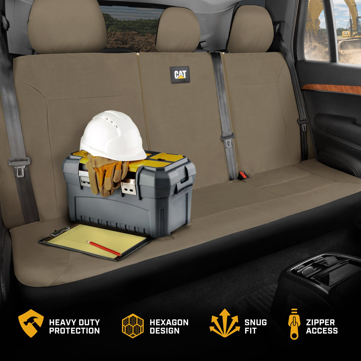 CAT Beige Rear Seat Cover for Trucks, Cars & SUVs – Heavy-Duty Oxford Canvas – 60/40 Split Bench Protector – Durable Back Seat Cover for Work Trucks, Pets, Travel – Car & Truck Interior Accessory