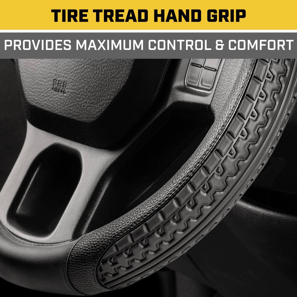 Cat® DuraGrip Car Steering Wheel Cover Tire Tread Inspired Traction Grip Design, Black Steering Wheel Cover for RV Semi Truck Big Rig Trucker