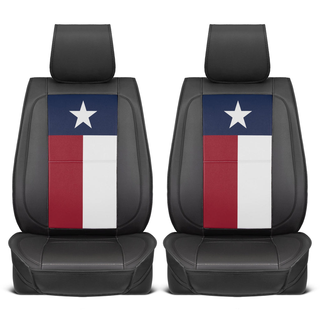 MotorBox Texas Edition Faux Leather Black & Flag Seat Covers for Car - Texas Flag on Cushioned Seat Protectors for Automotive Accessories, Trucks, SUV, Car - Two Front Covers