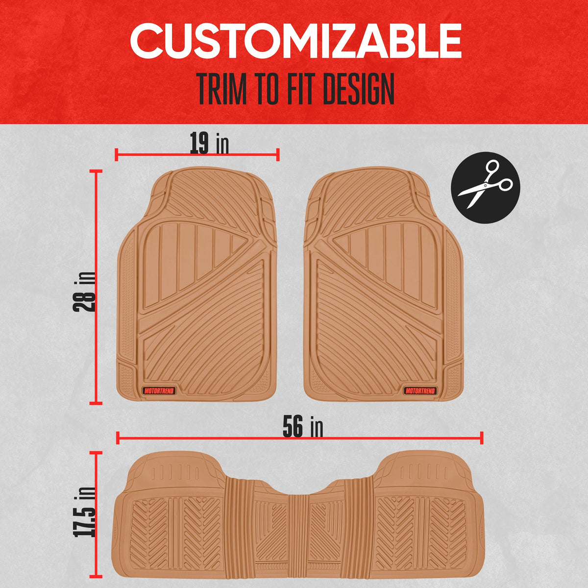 MotorTrend 3-Piece FlexTough Performance Deep Channel Front Floor Mats and Rear Floor Mat - Heavy Duty, All Weather, Trim to Fit