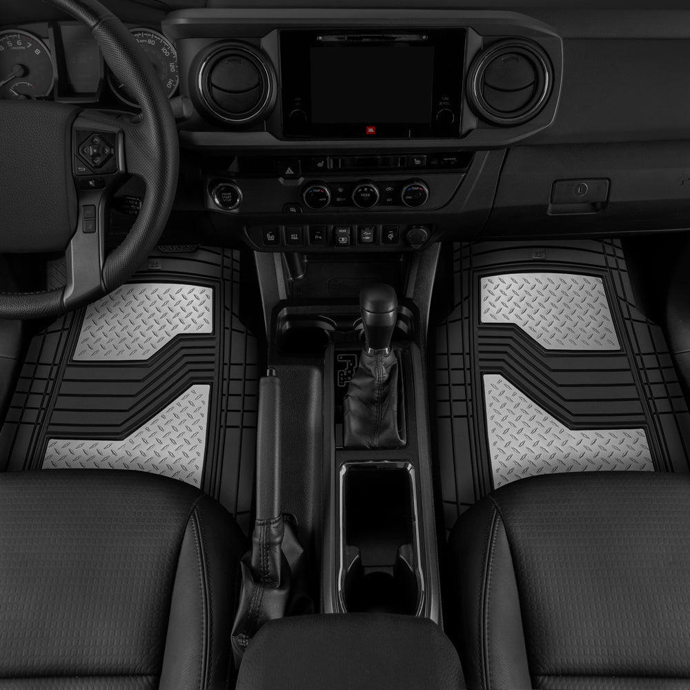 CAT 4-Piece Two-Tone Metallic-Look Front Floor Mats and Rear Floor Mats - Heavy Duty, All Weather, Trim to Fit
