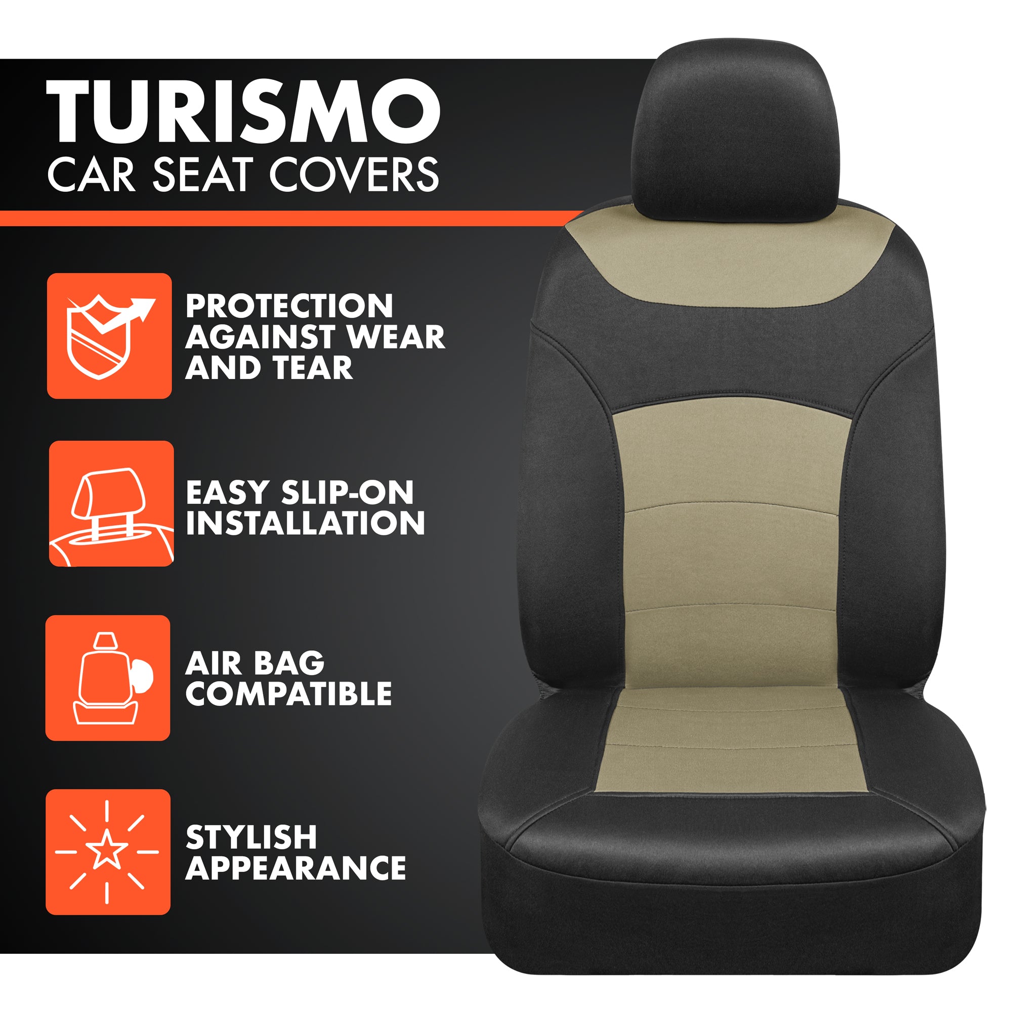 BDK carXS Turismo Car Seat Covers Full Set, Beige Two-Tone Front Seat Covers with Split Rear Bench Back Seat Cover, Automotive Seat Covers for Trucks SUV Van Auto (Multiple Colors)