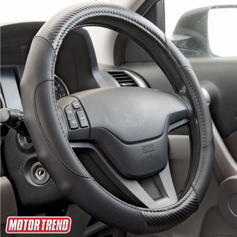 MotorTrend GripDrive Carbon Fiber Weave Ergonomic Grip Steering Wheel Cover (Fits 14.5" - 15.5")