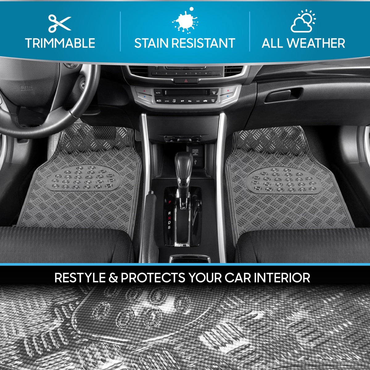 BDK 4-Piece Translucent Centered Cushioned Grip Pad Front Floor Mats and Rear Floor Mats - Heavy Duty, All Weather