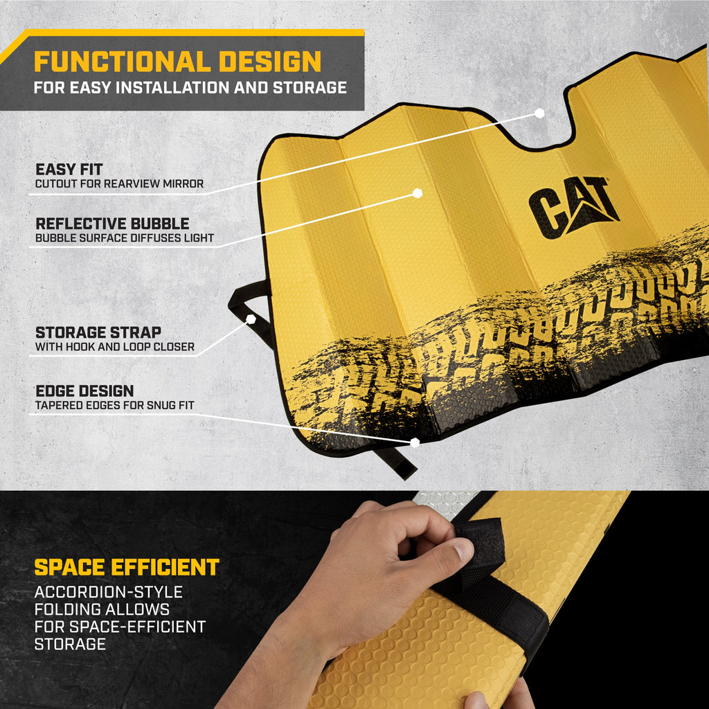 CAT Auto Shade for Cars & Trucks – Jumbo 65"x27" Accordion Folding Sunshade with Bold Yellow Tire Tracks Design – Heavy-Duty Windshield Cover for Maximum UV Protection & Interior Cooling