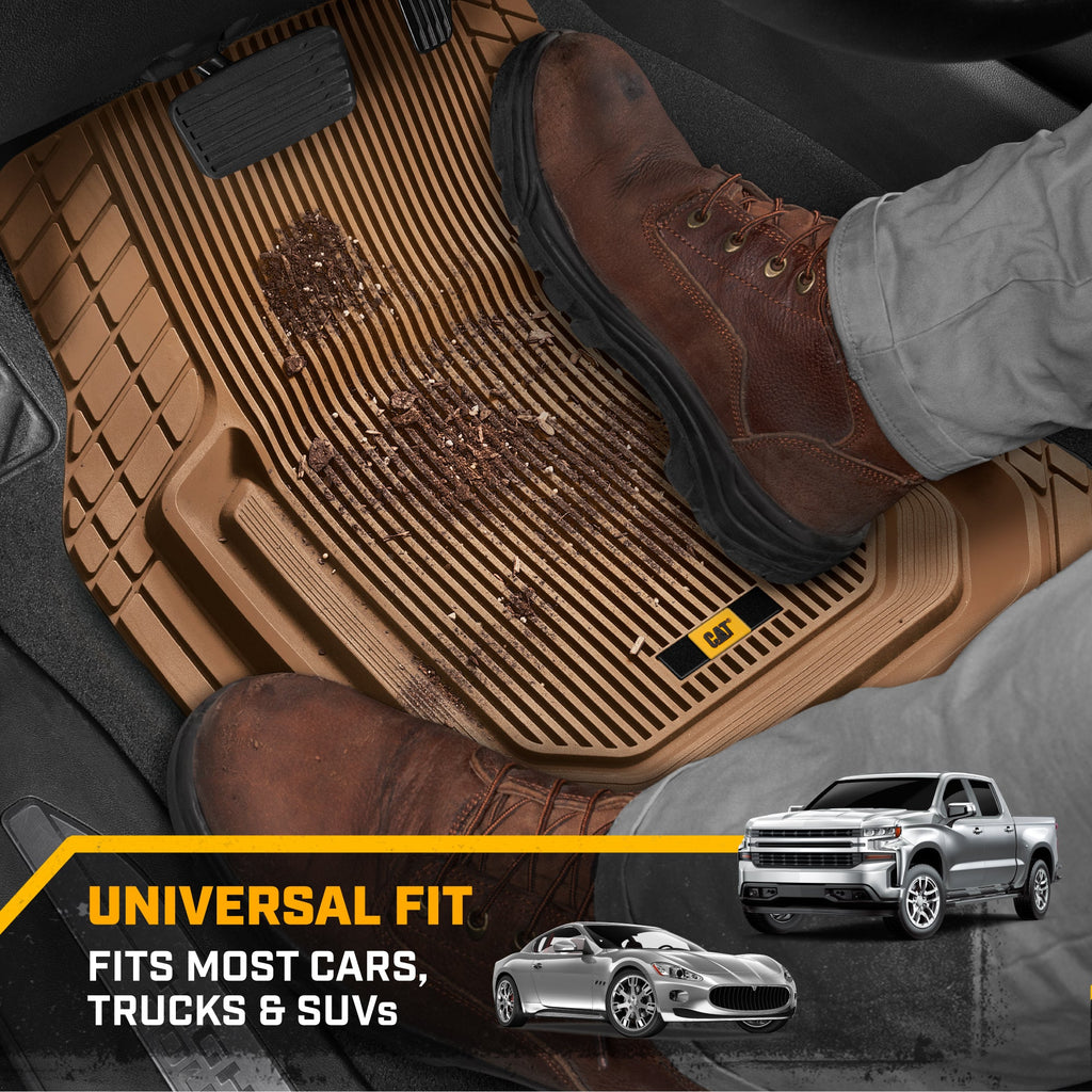 Cat® TerrainGuard™ Heavy-Duty 3-Piece All-Weather Rubber Floor Mats for Car, Truck, SUV, Van - Trim-to-Fit Deep Dish Automotive Floor Liners, Maximum Dirt & Water Protection, Universal Fit, Beige