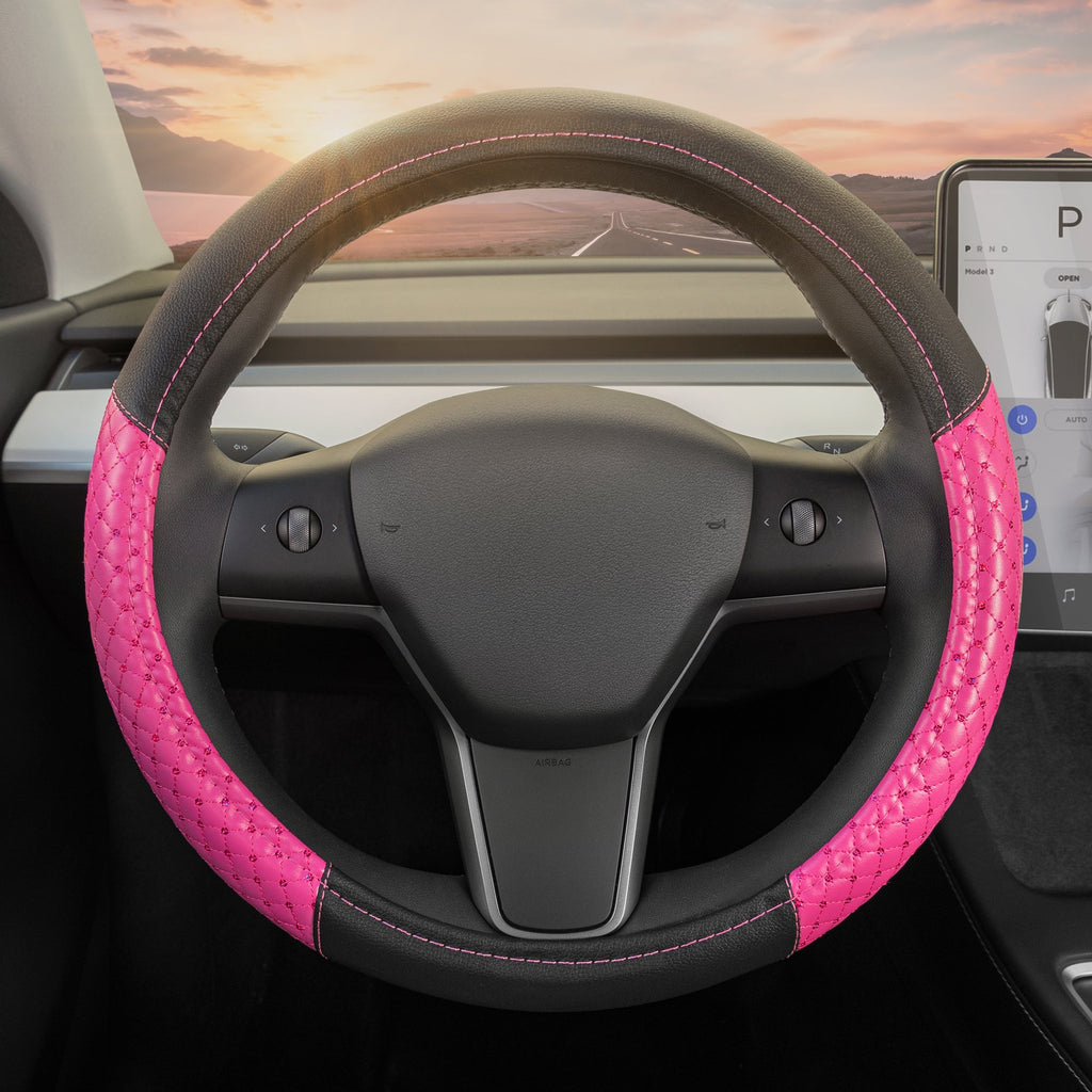 Carbella Pink Sequin Stitched with Crystals Steering Wheel Cover (Fits 14.5" - 15.5")