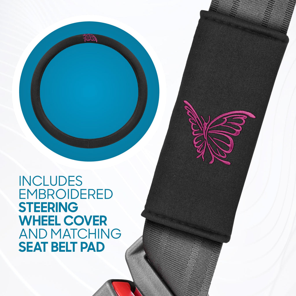 BDK 12-Piece Butterfly Front Seat Covers, Rear Seat Covers, Seat Belt Pads, and Steering Wheel Cover (Fits 14.5" - 15.5")