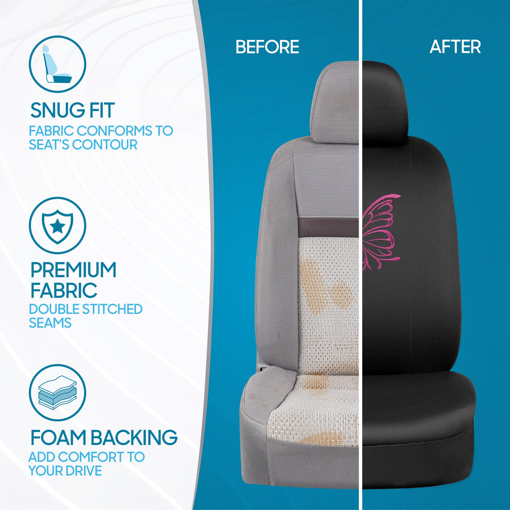 BDK 12-Piece Butterfly Front Seat Covers, Rear Seat Covers, Seat Belt Pads, and Steering Wheel Cover (Fits 14.5" - 15.5")