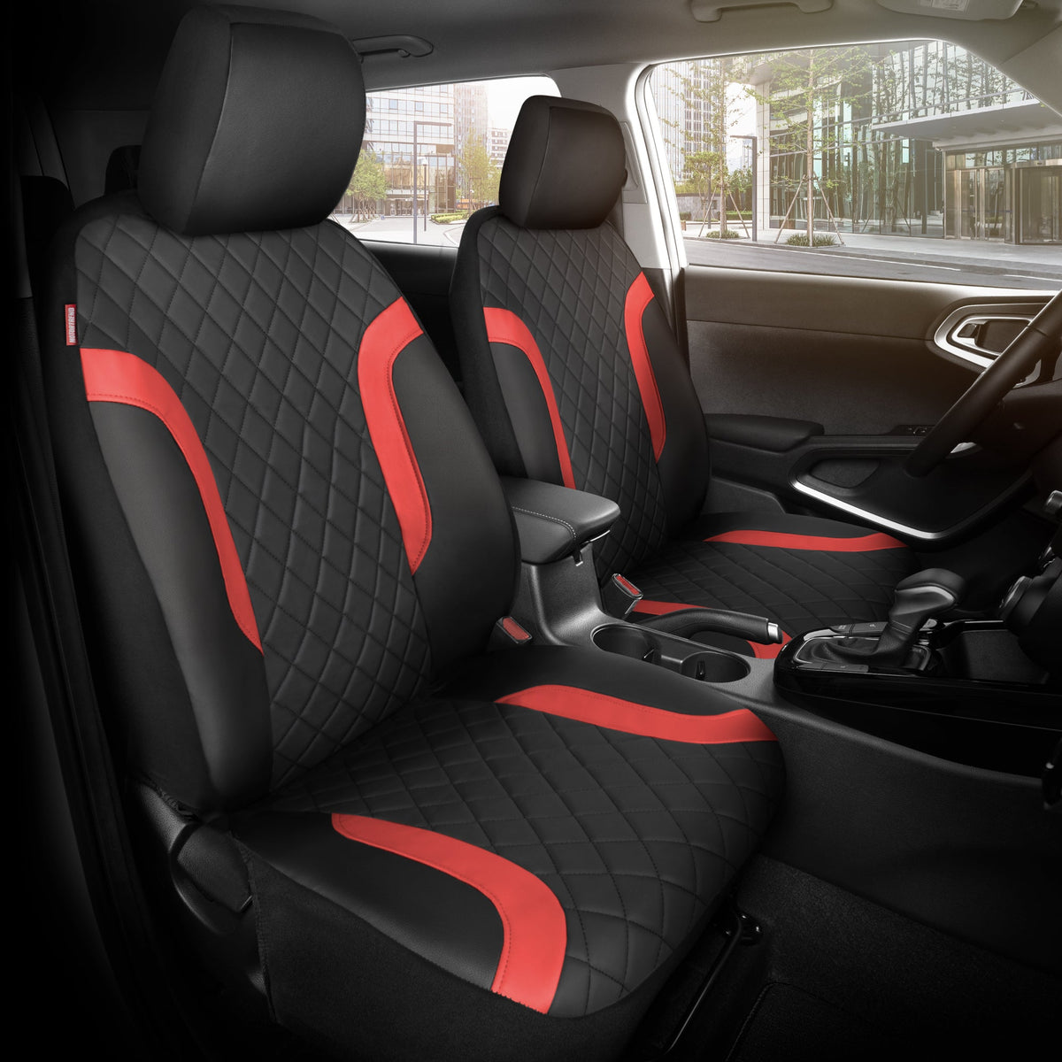 Motor Trend Faux Leather Seat Covers For Trucks, Cars, & SUV - Front Black & Red Car Seat Cover Set - Universal Fit For Most Automotives - Forros Para Asientos De Carro - CarSeat Covers Accessories