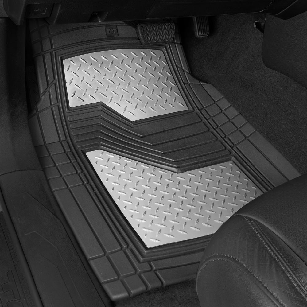 CAT 4-Piece Two-Tone Metallic-Look Front Floor Mats and Rear Floor Mats - Heavy Duty, All Weather, Trim to Fit