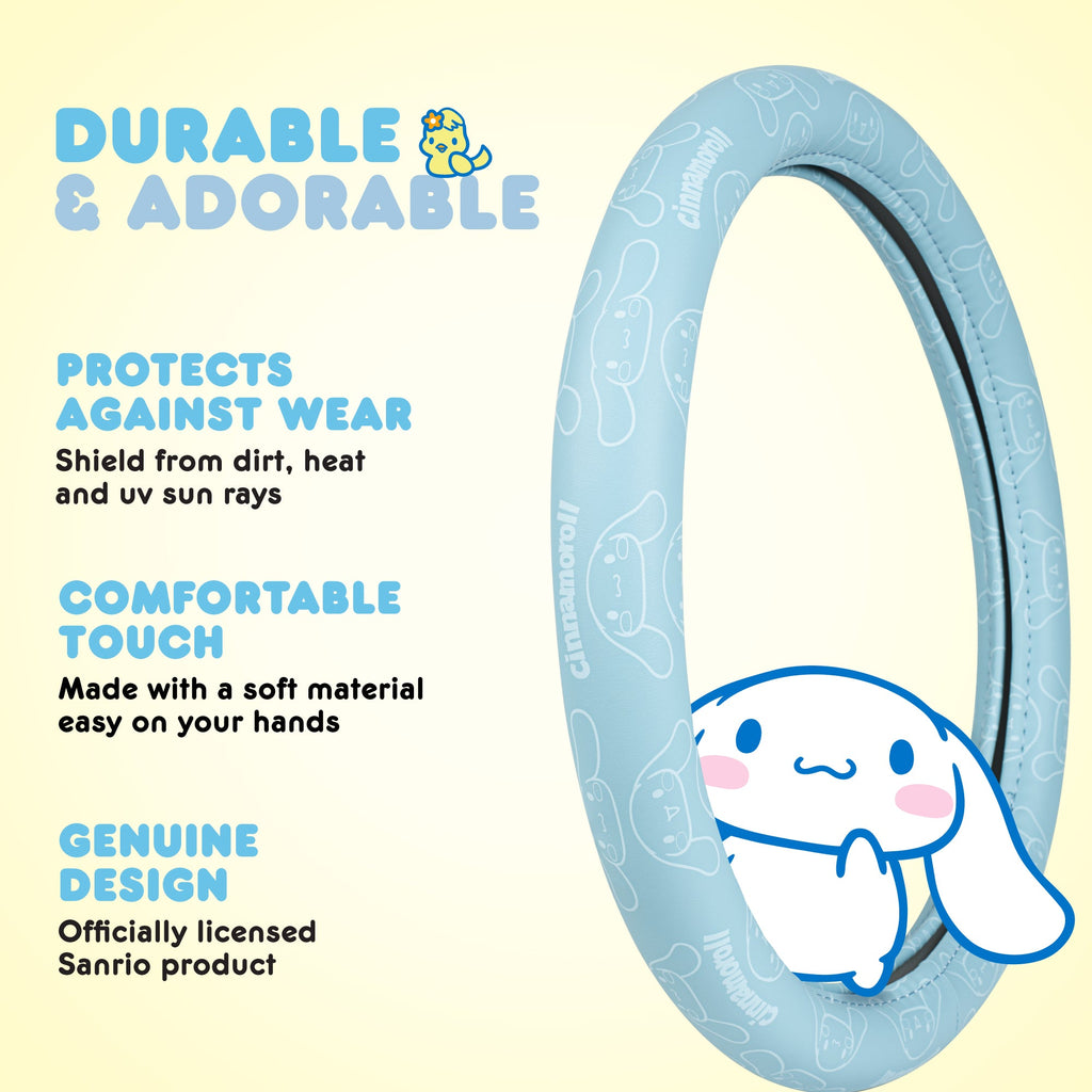 Cinnamoroll Steering Wheel Cover, Official Sanrio Car Steering Wheel Cover with Universal Size 14.5 - 15.5, Cute Blue Steering Wheel Cover for Women, Cinnamoroll Car Accessories (Cinnamoroll Blue Monogram)