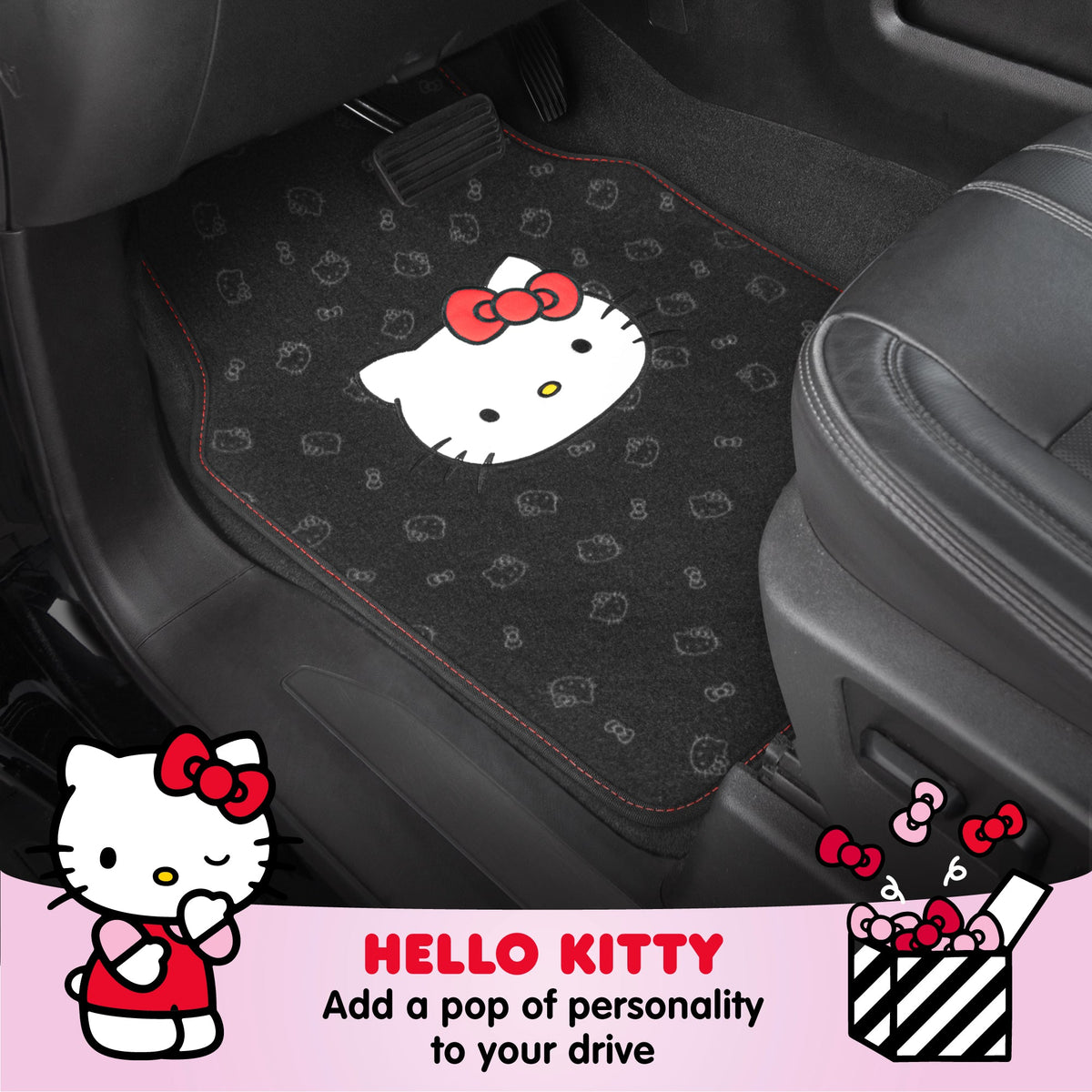 Hello Kitty Carpet Car Floor Mats - Universal Fit for Cars, SUVs & Trucks - Black with Red Bow & Hello Kitty Print - Front & Rear Set, 4 Piece Car Accessories