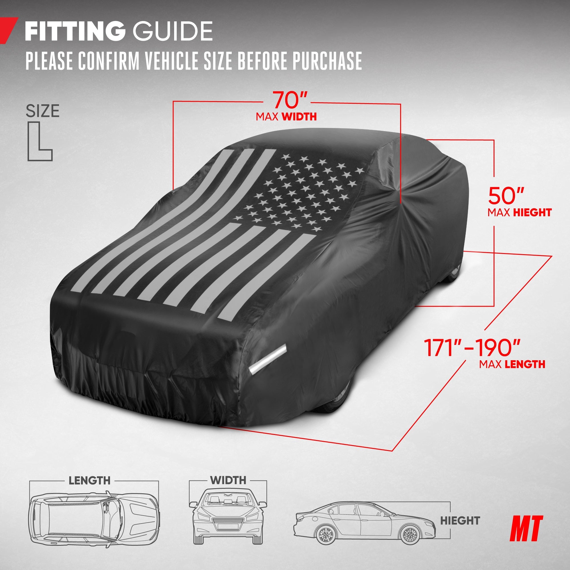 Motor Trend Black USA Flag Waterproof Car Cover - All Weather Outdoor Protection, UV Resistant, Windproof, Scratchproof - Semi-Universal Fit Sedan Full Car Cover for Sun Rain Snow (171"- 190" Length)